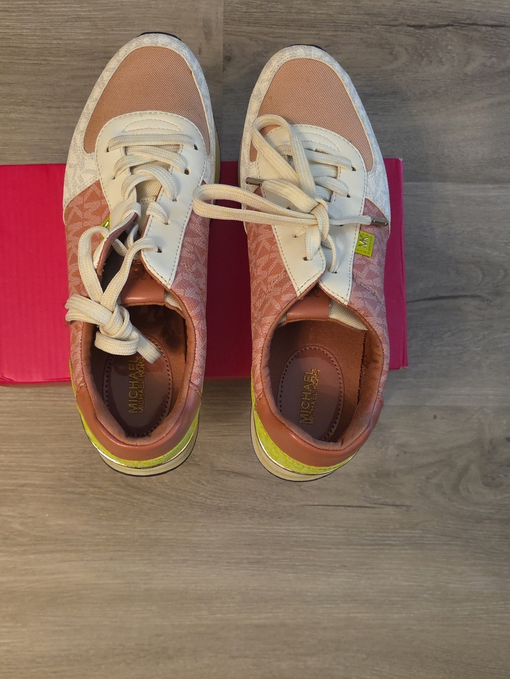 Michael Kors Pink and Cream Low-Top Sneakers with Neon Yellow Heel Tab